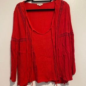 Cotton Candy LA red bohemian blouse with lace cutout detailing and tie front